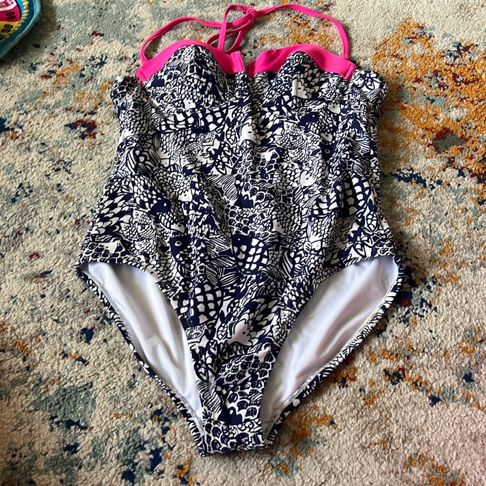 Lilly Pulitzer Target Swimsuit Upstream Blue Pink Trim Halter One Piece Large